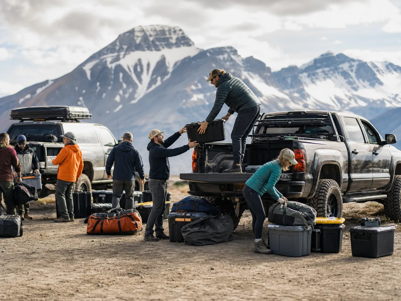 Volunteer crew loading offroad trucks with gear at basecamp