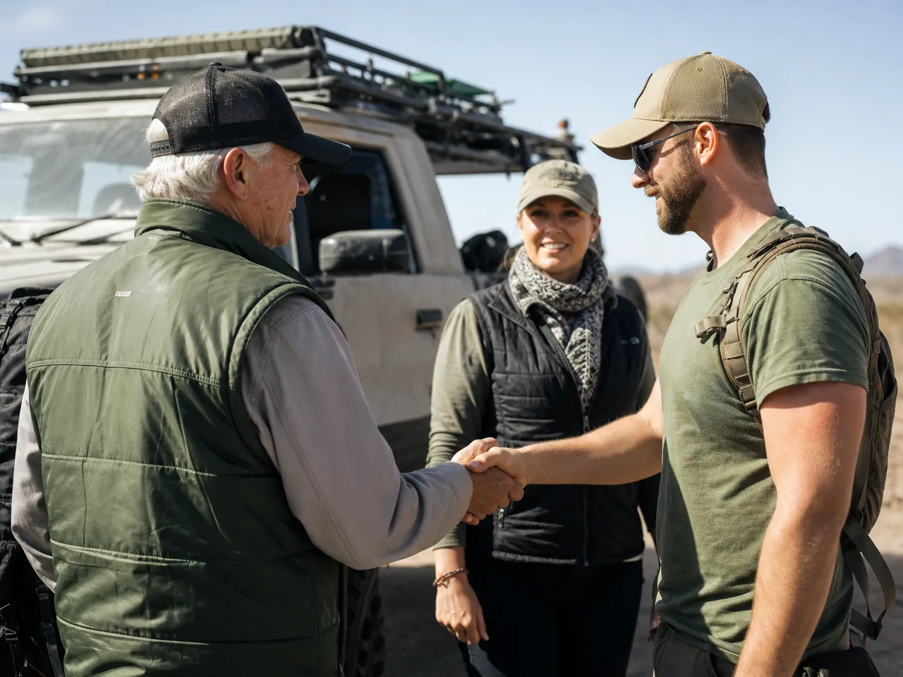 Veterans and volunteers shaking hands beside an offroad truck
